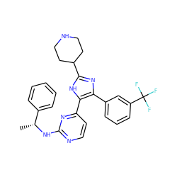 C[C@@H](Nc1nccc(-c2[nH]c(C3CCNCC3)nc2-c2cccc(C(F)(F)F)c2)n1)c1ccccc1 ZINC000004617899