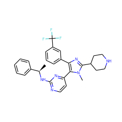 C[C@@H](Nc1nccc(-c2c(-c3cccc(C(F)(F)F)c3)nc(C3CCNCC3)n2C)n1)c1ccccc1 ZINC000021289773