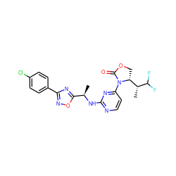 C[C@@H](Nc1nccc(N2C(=O)OC[C@@H]2[C@@H](C)C(F)F)n1)c1nc(-c2ccc(Cl)cc2)no1 ZINC000217347867