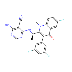 C[C@@H](Nc1ncnc(N)c1C#N)c1c(-c2cc(F)cc(F)c2)c(=O)c2cc(F)ccc2n1C ZINC000114790191