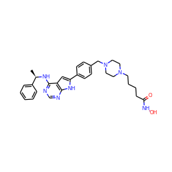 C[C@@H](Nc1ncnc2[nH]c(-c3ccc(CN4CCN(CCCCC(=O)NO)CC4)cc3)cc12)c1ccccc1 ZINC000138875786