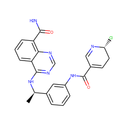 C[C@@H](Nc1ncnc2c(C(N)=O)cccc12)c1cccc(NC(=O)C2=CC[C@@H](Cl)N=C2)c1 ZINC000166956350