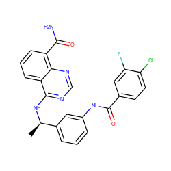 C[C@@H](Nc1ncnc2c(C(N)=O)cccc12)c1cccc(NC(=O)c2ccc(Cl)c(F)c2)c1 ZINC000114344105