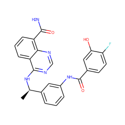 C[C@@H](Nc1ncnc2c(C(N)=O)cccc12)c1cccc(NC(=O)c2ccc(F)c(O)c2)c1 ZINC000068245985