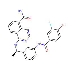 C[C@@H](Nc1ncnc2c(C(N)=O)cccc12)c1cccc(NC(=O)c2ccc(O)c(F)c2)c1 ZINC000114343636