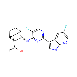 C[C@@H](O)[C@H]1C2CCC(CC2)[C@@H]1Nc1nc(-c2c[nH]c3ncc(F)cc23)ncc1F ZINC000299869519