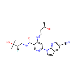 C[C@@H](O)CCNc1cc(-n2ccc3cc(C#N)cnc32)ncc1C(=O)NC[C@@H](F)C(C)(C)O ZINC001772571856