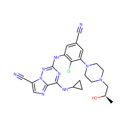 C[C@@H](O)CN1CCN(c2cc(C#N)cc(Nc3nc(NC4CC4)c4ncc(C#N)n4n3)c2Cl)CC1 ZINC000169711898