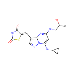 C[C@@H](O)CNc1cc(NC2CC2)n2ncc(/C=C3\SC(=O)NC3=O)c2n1 ZINC000117814822