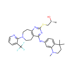 C[C@@H](O)CSc1nc2c(c(Nc3ccc4c(c3)N(C)CCC4(C)C)n1)CCN(c1ncccc1C(F)(F)F)CC2 ZINC000168646792