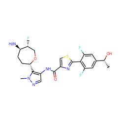 C[C@@H](O)c1cc(F)c(-c2nc(C(=O)Nc3cnn(C)c3[C@@H]3CC[C@@H](N)[C@H](F)CO3)cs2)c(F)c1 ZINC000221380498