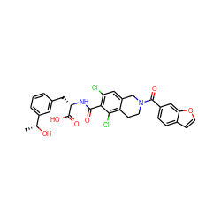 C[C@@H](O)c1cccc(C[C@H](NC(=O)c2c(Cl)cc3c(c2Cl)CCN(C(=O)c2ccc4ccoc4c2)C3)C(=O)O)c1 ZINC000084669814