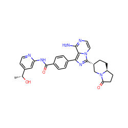 C[C@@H](O)c1ccnc(NC(=O)c2ccc(-c3nc([C@@H]4CC[C@H]5CCC(=O)N5C4)n4ccnc(N)c34)cc2)c1 ZINC000145496426