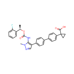 C[C@@H](OC(=O)Nc1c(-c2ccc(-c3ccc(C4(C(=O)O)CC4)cc3)cc2)cnn1C)c1ccccc1F ZINC000095573834