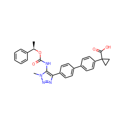 C[C@@H](OC(=O)Nc1c(-c2ccc(-c3ccc(C4(C(=O)O)CC4)cc3)cc2)nnn1C)c1ccccc1 ZINC000095574469