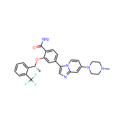 C[C@@H](Oc1cc(-c2cnc3cc(N4CCN(C)CC4)ccn23)ccc1C(N)=O)c1ccccc1C(F)(F)F ZINC001772570978