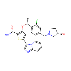 C[C@@H](Oc1cc(-c2cnc3ccccn23)sc1C(N)=O)c1ccc(CN2CC[C@H](O)C2)cc1Cl ZINC000042989681