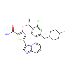 C[C@@H](Oc1cc(-c2cnc3ccccn23)sc1C(N)=O)c1ccc(CN2CCC(F)CC2)cc1Cl ZINC000043121203