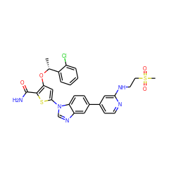 C[C@@H](Oc1cc(-n2cnc3cc(-c4ccnc(NCCS(C)(=O)=O)c4)ccc32)sc1C(N)=O)c1ccccc1Cl ZINC000058563884