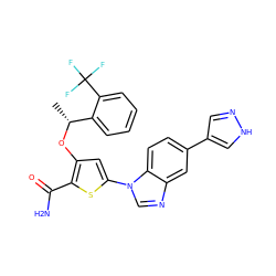 C[C@@H](Oc1cc(-n2cnc3cc(-c4cn[nH]c4)ccc32)sc1C(N)=O)c1ccccc1C(F)(F)F ZINC000034948438