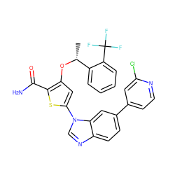 C[C@@H](Oc1cc(-n2cnc3ccc(-c4ccnc(Cl)c4)cc32)sc1C(N)=O)c1ccccc1C(F)(F)F ZINC000058534338