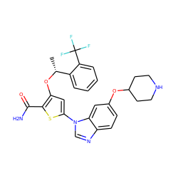 C[C@@H](Oc1cc(-n2cnc3ccc(OC4CCNCC4)cc32)sc1C(N)=O)c1ccccc1C(F)(F)F ZINC000059716238