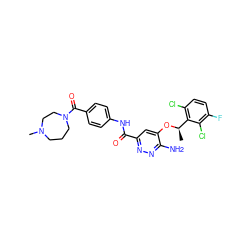 C[C@@H](Oc1cc(C(=O)Nc2ccc(C(=O)N3CCCN(C)CC3)cc2)nnc1N)c1c(Cl)ccc(F)c1Cl ZINC000199409454