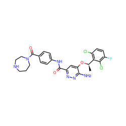 C[C@@H](Oc1cc(C(=O)Nc2ccc(C(=O)N3CCCNCC3)cc2)nnc1N)c1c(Cl)ccc(F)c1Cl ZINC000199409472