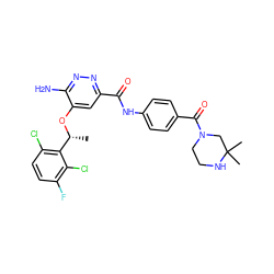 C[C@@H](Oc1cc(C(=O)Nc2ccc(C(=O)N3CCNC(C)(C)C3)cc2)nnc1N)c1c(Cl)ccc(F)c1Cl ZINC000199409491