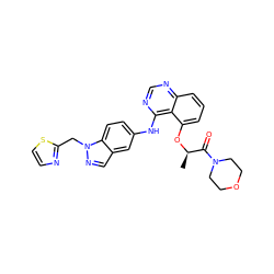 C[C@@H](Oc1cccc2ncnc(Nc3ccc4c(cnn4Cc4nccs4)c3)c12)C(=O)N1CCOCC1 ZINC000029041340