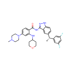 C[C@@H](c1cc(F)cc(F)c1)c1ccc2[nH]nc(NC(=O)c3ccc(N4CCN(C)CC4)cc3NC3CCOCC3)c2c1 ZINC000148687049