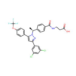 C[C@@H](c1ccc(C(=O)NCCC(=O)O)cc1)n1nc(-c2cc(Cl)cc(Cl)c2)cc1-c1ccc(OC(F)(F)F)cc1 ZINC000095572629