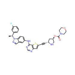 C[C@@H](c1cccc(F)c1)n1ncc2cc(Nc3ncnc4cc(C#C[C@@H]5C[C@@H](OC(=O)N6CCOCC6)CN5)sc34)ccc21 ZINC000042804614