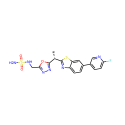 C[C@@H](c1nnc(CNS(N)(=O)=O)o1)c1nc2ccc(-c3ccc(F)nc3)cc2s1 ZINC000218115019