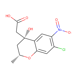 C[C@@H]1C[C@@](O)(CC(=O)O)c2cc([N+](=O)[O-])c(Cl)cc2O1 ZINC000013456161