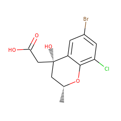 C[C@@H]1C[C@@](O)(CC(=O)O)c2cc(Br)cc(Cl)c2O1 ZINC000013456128