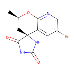 C[C@@H]1C[C@]2(NC(=O)NC2=O)c2cc(Br)cnc2O1 ZINC000029545329