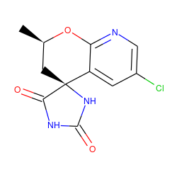 C[C@@H]1C[C@]2(NC(=O)NC2=O)c2cc(Cl)cnc2O1 ZINC000003789774