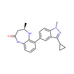 C[C@@H]1CC(=O)Nc2cccc(-c3ccc4c(c3)c(C3CC3)nn4C)c2N1 ZINC000584904840