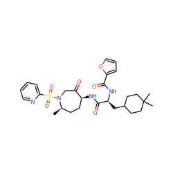 C[C@@H]1CC[C@H](NC(=O)[C@H](CC2CCC(C)(C)CC2)NC(=O)c2ccco2)C(=O)CN1S(=O)(=O)c1ccccn1 ZINC000072176524