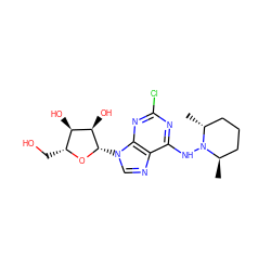 C[C@@H]1CCC[C@@H](C)N1Nc1nc(Cl)nc2c1ncn2[C@@H]1O[C@H](CO)[C@@H](O)[C@H]1O ZINC000026578792