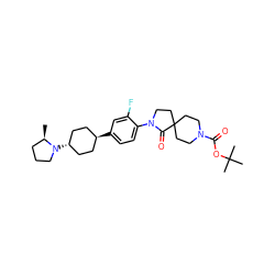 C[C@@H]1CCCN1[C@H]1CC[C@H](c2ccc(N3CCC4(CCN(C(=O)OC(C)(C)C)CC4)C3=O)c(F)c2)CC1 ZINC001772590609