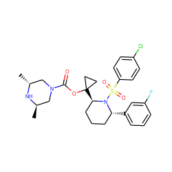 C[C@@H]1CN(C(=O)OC2([C@@H]3CCC[C@@H](c4cccc(F)c4)N3S(=O)(=O)c3ccc(Cl)cc3)CC2)C[C@@H](C)N1 ZINC000028879553