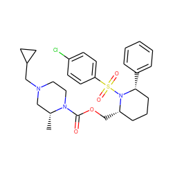 C[C@@H]1CN(CC2CC2)CCN1C(=O)OC[C@H]1CCC[C@@H](c2ccccc2)N1S(=O)(=O)c1ccc(Cl)cc1 ZINC000028816501