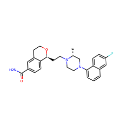 C[C@@H]1CN(c2cccc3cc(F)ccc23)CCN1CC[C@@H]1OCCc2cc(C(N)=O)ccc21 ZINC000028821521