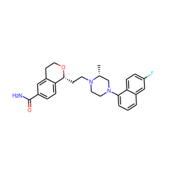 C[C@@H]1CN(c2cccc3cc(F)ccc23)CCN1CC[C@H]1OCCc2cc(C(N)=O)ccc21 ZINC000028821522