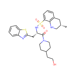 C[C@@H]1CNc2c(cccc2S(=O)(=O)N[C@@H](Cc2nc3ccccc3s2)C(=O)N2CCC(CCO)CC2)C1 ZINC000029338101