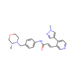 C[C@@H]1COCCN1Cc1ccc(NC(=O)/C=C/c2cnccc2-c2cnn(C)c2)cc1 ZINC001772603616