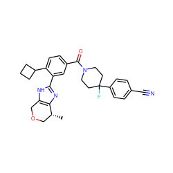 C[C@@H]1COCc2[nH]c(-c3cc(C(=O)N4CCC(F)(c5ccc(C#N)cc5)CC4)ccc3C3CCC3)nc21 ZINC000150173895