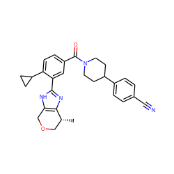 C[C@@H]1COCc2[nH]c(-c3cc(C(=O)N4CCC(c5ccc(C#N)cc5)CC4)ccc3C3CC3)nc21 ZINC000150182348